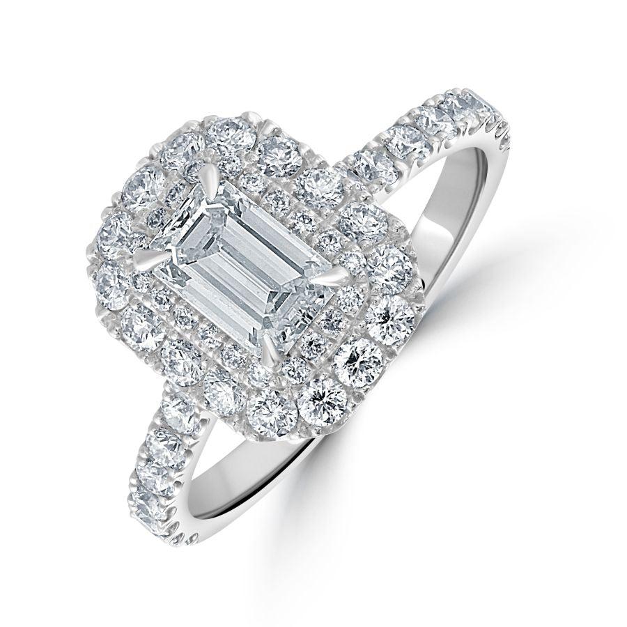 Dipples-Platinum Emerald Cut Diamond Double Halo Cluster Ring with Diamond Shoulders-Dipples Jewellers