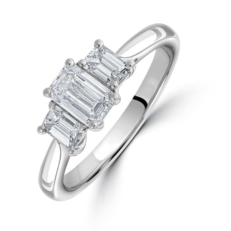 Dipples Platinum Emerald Cut Diamond Trilogy Ring G Emerald SI1