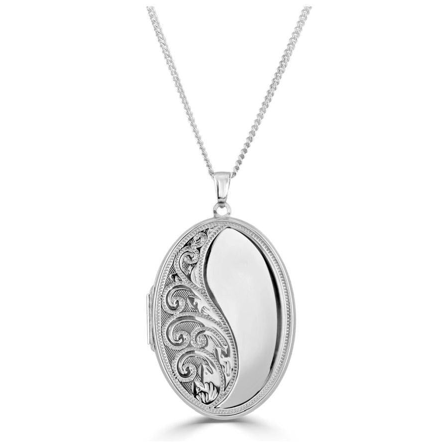 Dipples-Silver Half Engraved Oval Locket & Chain-Dipples Jewellers