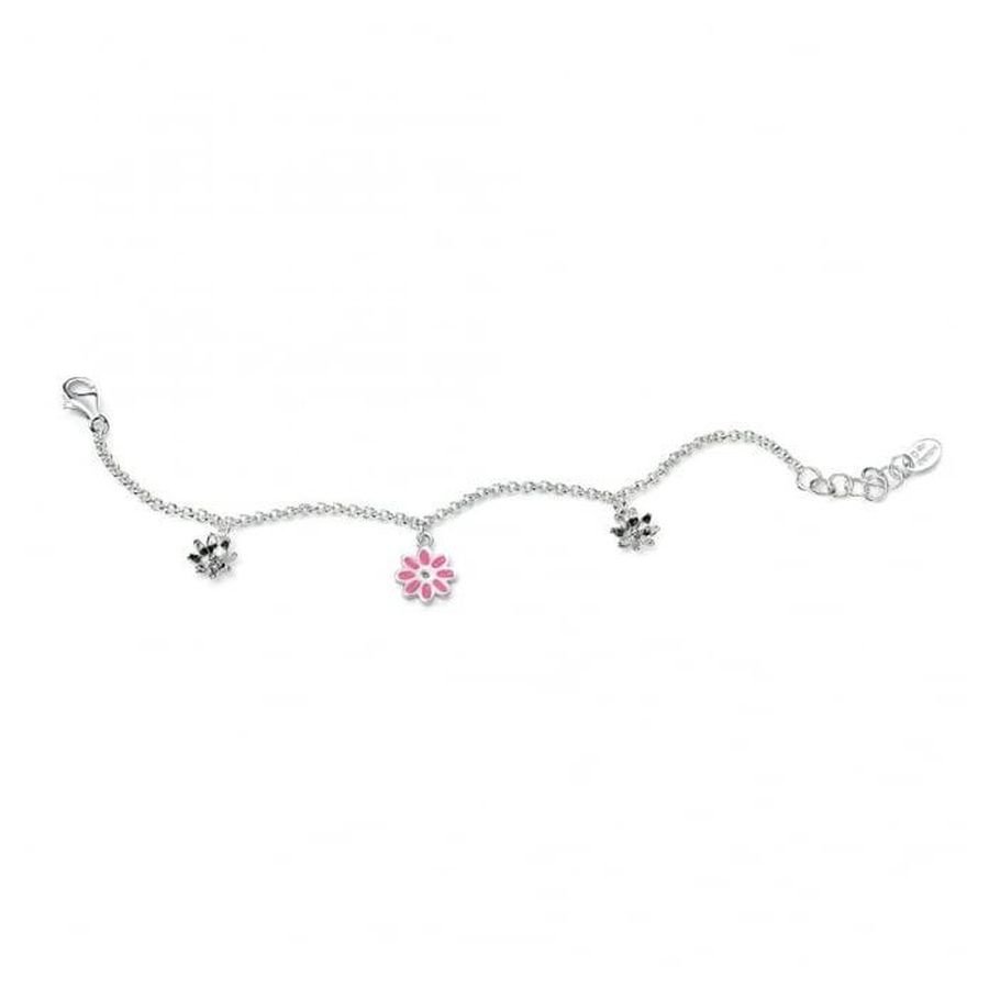 Dipples-Silver & Pink Enamel Diamond Set Flower Bracelet-Dipples Jewellers