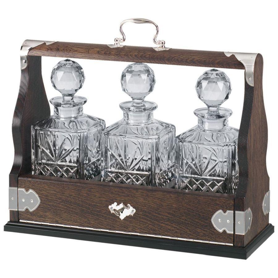 Dipples-Silver Plated 3-Bottle Oak Tantalus Set-Dipples Jewellers