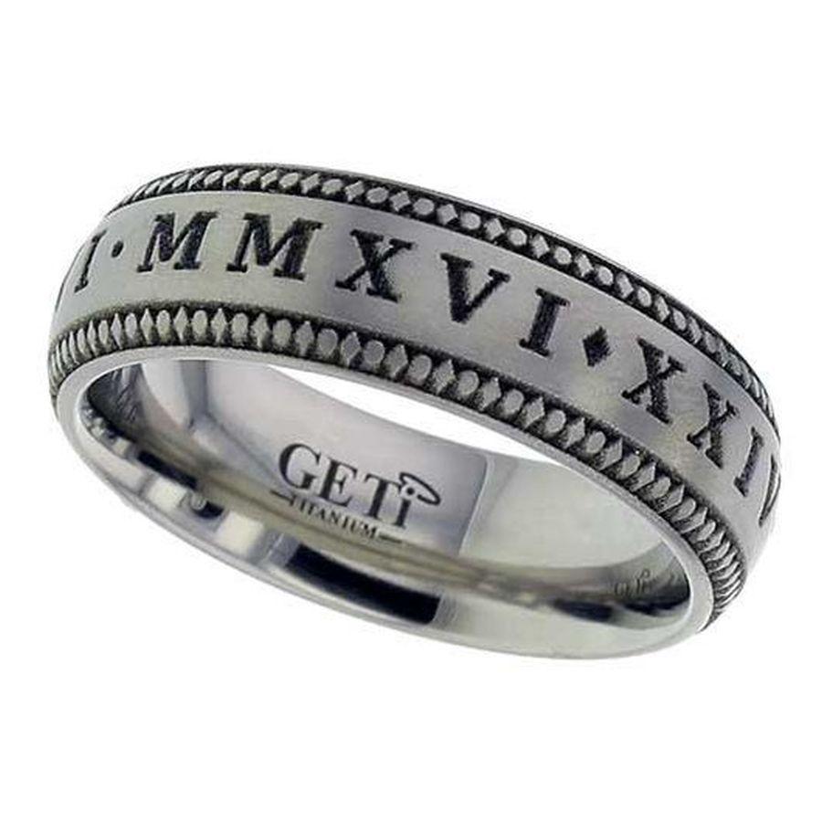Dipples-Titanium Domed Court Beaded Edge Roman Numerals Wedding Band, size T-Dipples Jewellers