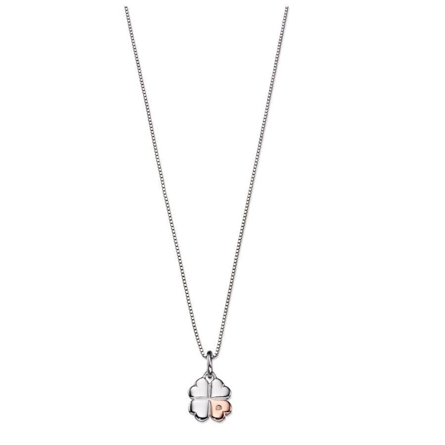 Gecko-Silver & Rose Gold Plated Diamond Set Clover Pendant & Chain-Dipples Jewellers