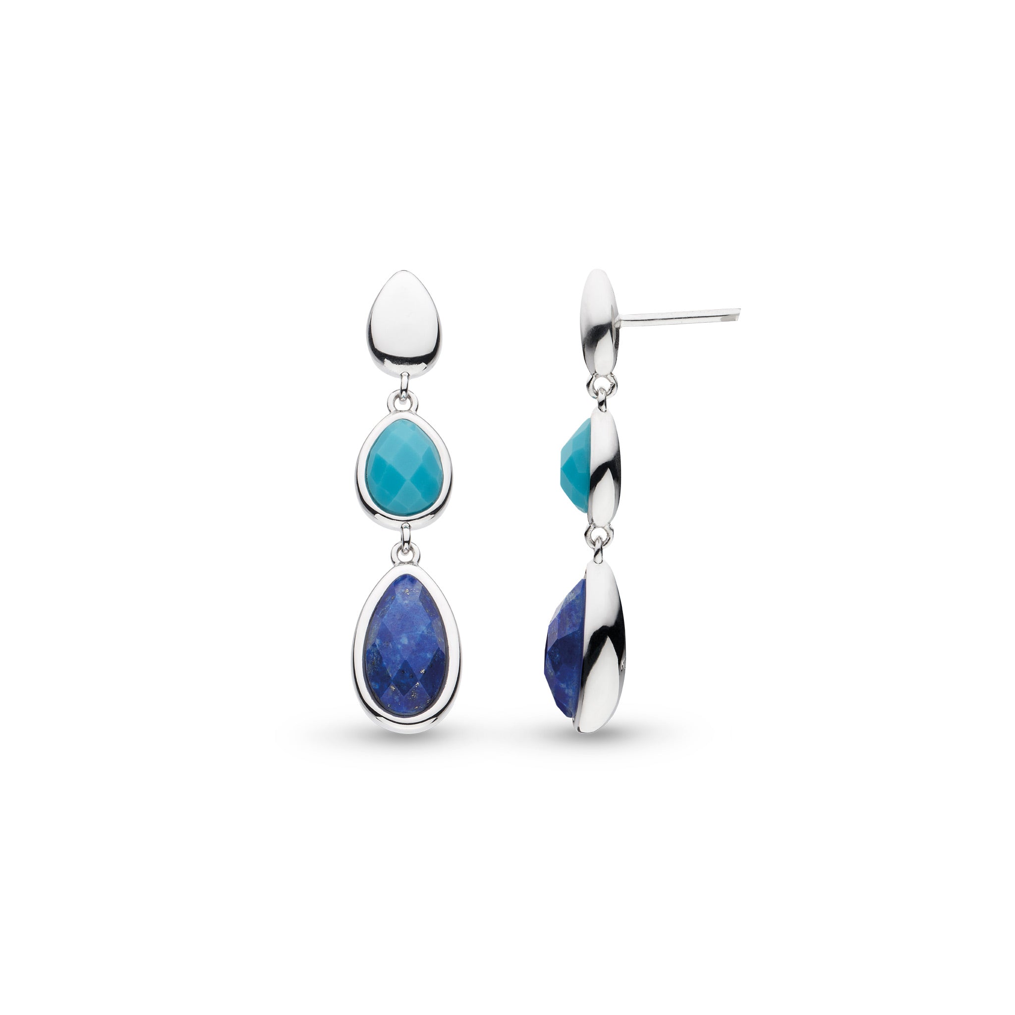 Kit Heath-Silver Coast Pebble Azure Lapis Lazuli & Magnesite Trio Droplet Drop Earrings-Dipples Jewellers