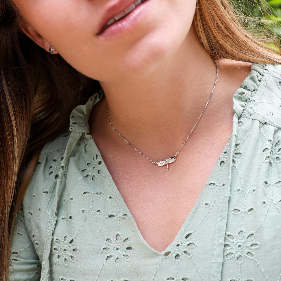 Kit Heath-Silver & Yellow Gold Plated Blossom Flyte Dragonfly Petite Necklet-Dipples Jewellers