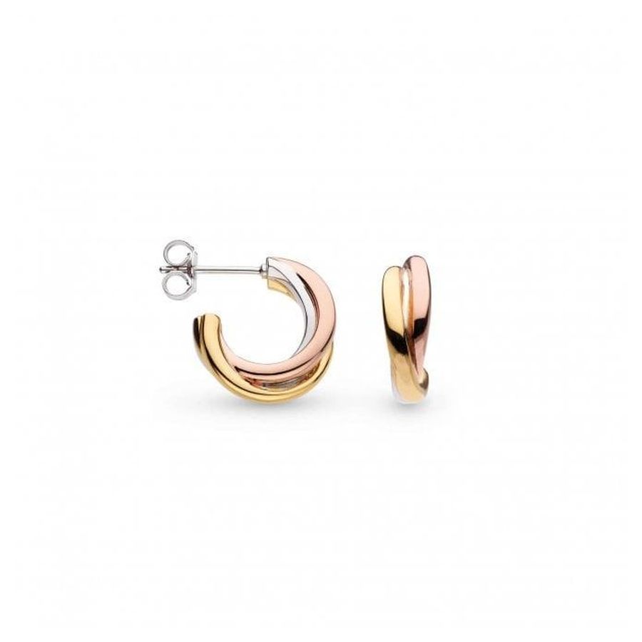 Kit Heath-Silver & Yellow & Rose Gold Plated Bevel Trilogy Golds Hoop Earrings-Dipples Jewellers