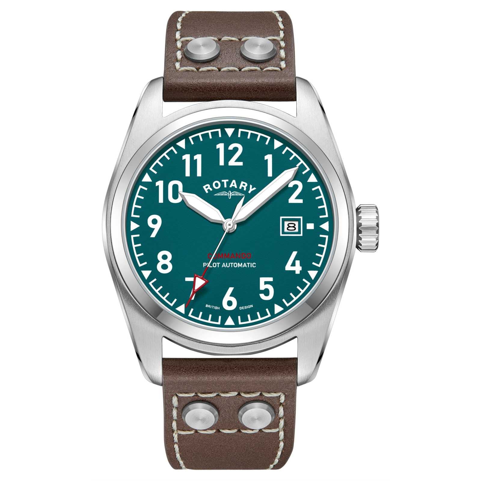 Rotary-RW 1895 Pilot ss teal arab dial dte brwn lthr strp auto wtch-Dipples Jewellers