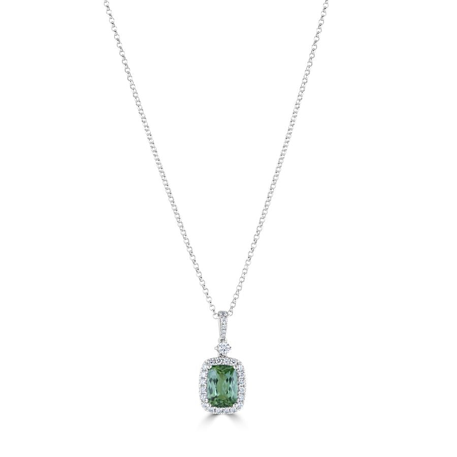 Tivon-18ct White Gold Green Tourmaline & Diamond Halo Cluster Pendant-Dipples Jewellers