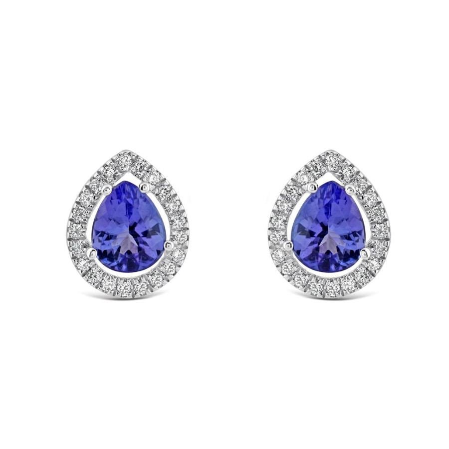 Tivon-18ct White Gold Pear Cut Tanzanite & Diamond Halo Cluster Earrings-Dipples Jewellers