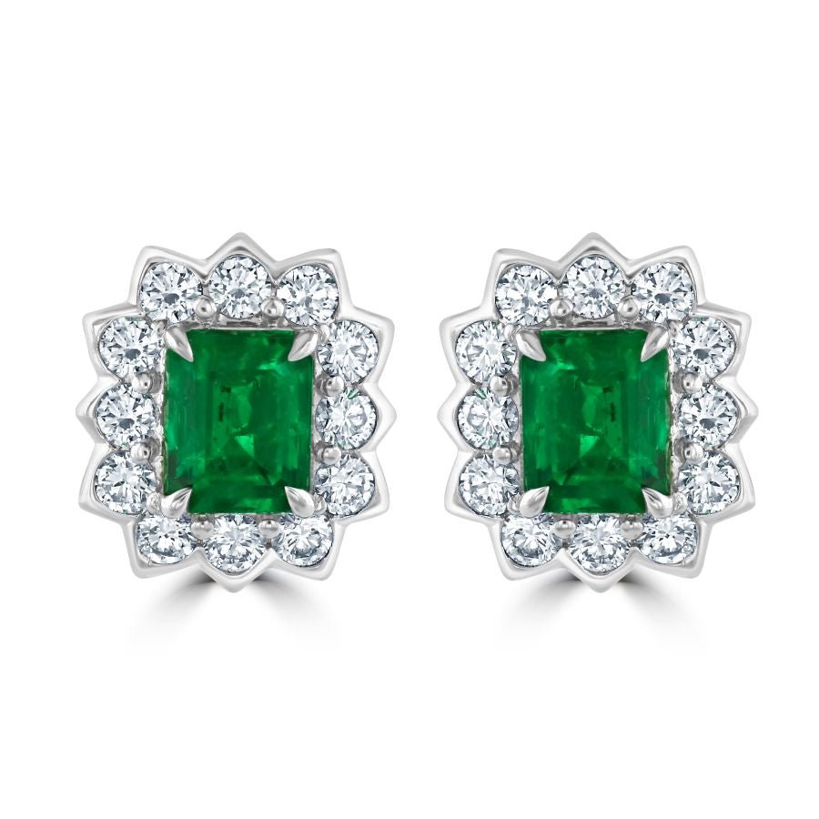 Tivon-18ct White Gold Rectangular Cut Emerald & Diamond Halo Cluster Earrings-Dipples Jewellers