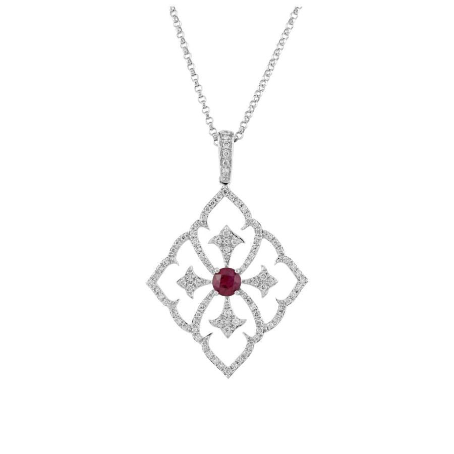 Tivon-18ct White Gold Round Cut Ruby & Diamond Openwork Pendant & Chain-Dipples Jewellers