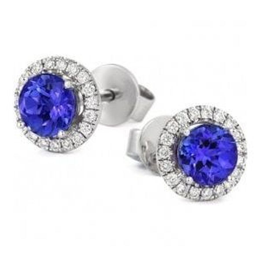 Tivon-18ct White Gold Round Tanzanite & Diamond Halo Cluster Earrings-Dipples Jewellers