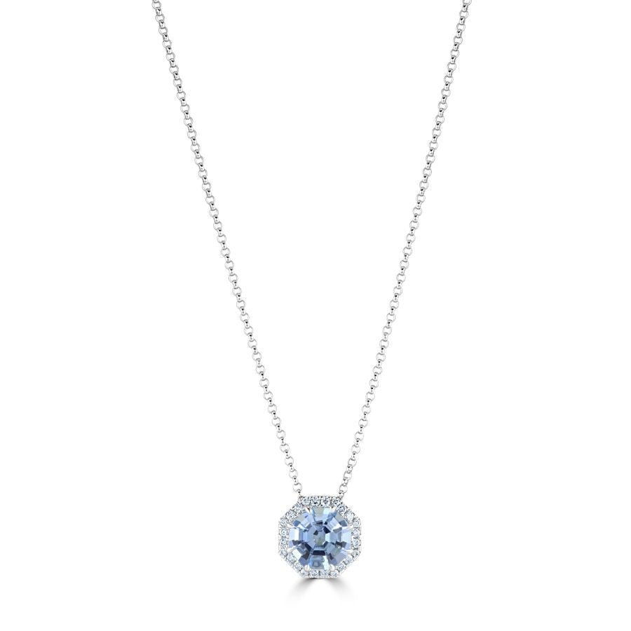Tivon-18ct White Gold Santa Maria Aquamarine & Diamond Octagonal Halo Cluster Pendant-Dipples Jewellers