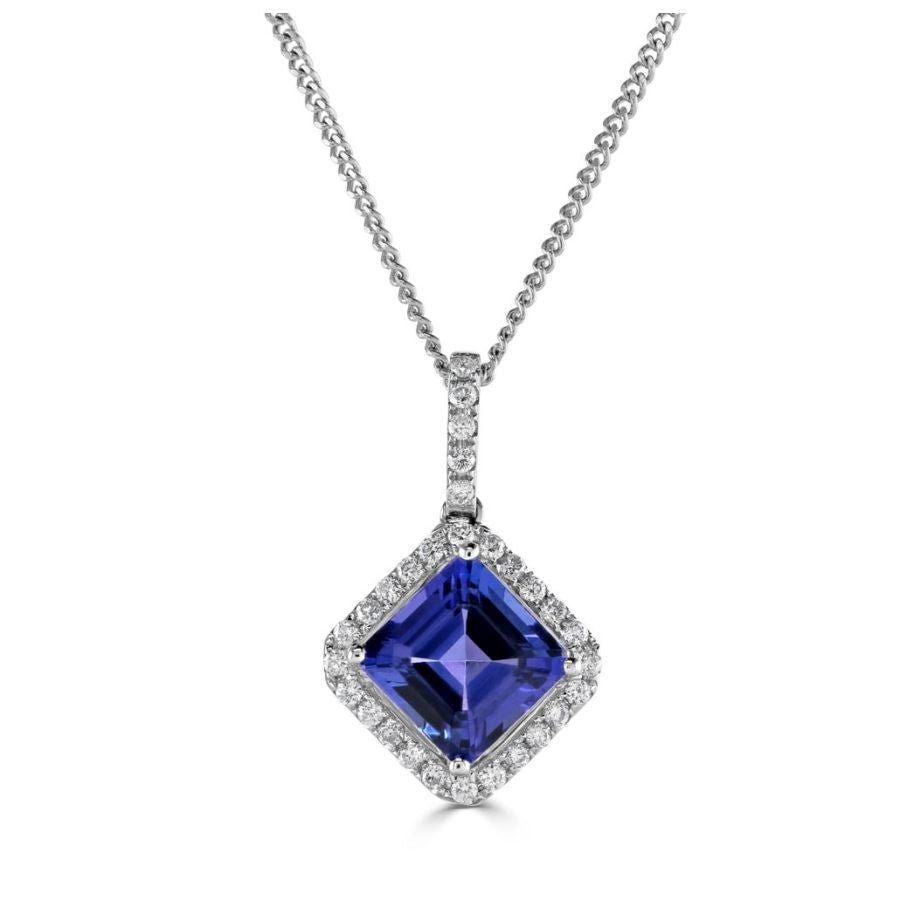 Tivon-18ct White Gold Square Cut Tanzanite & Diamond Halo Cluster Pendant-Dipples Jewellers