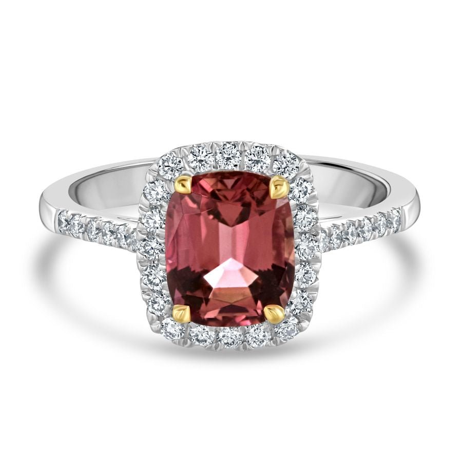Tivon-18ct White & Rose Gold Pink Tourmaline & Diamond Halo Cluster Ring with Diamond Shoulders-Dipples Jewellers