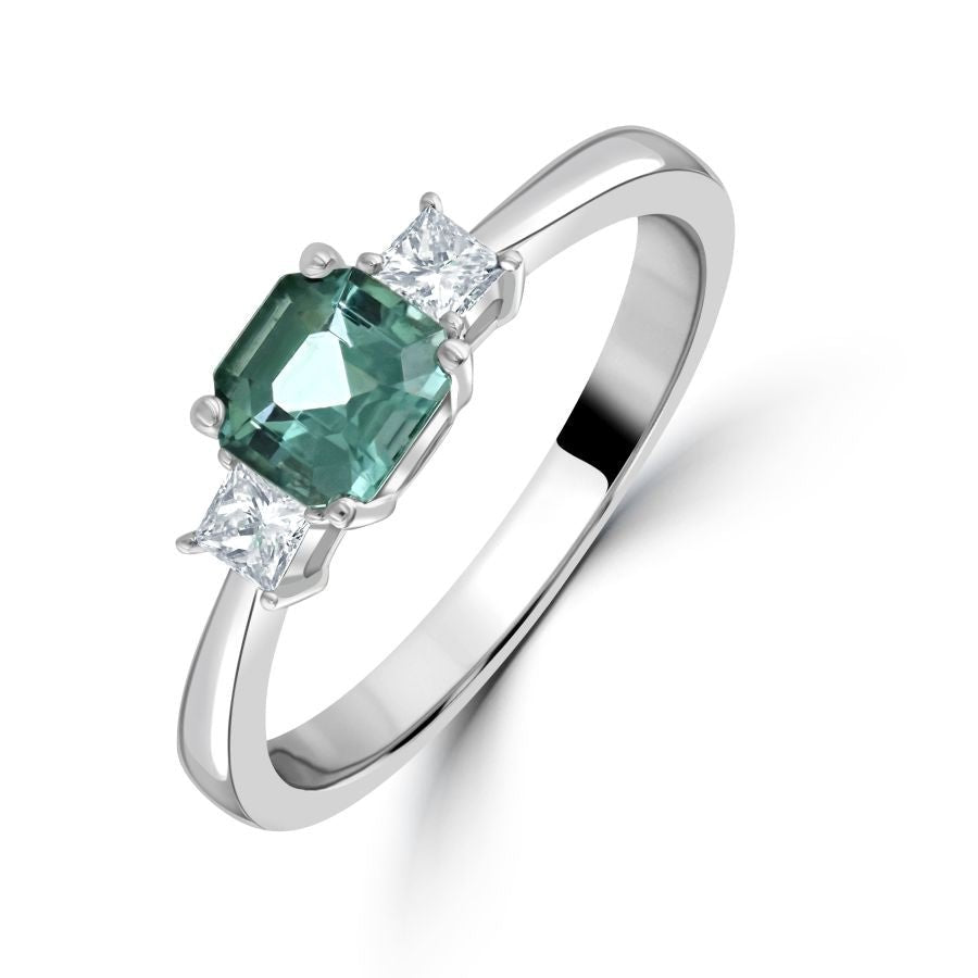 Tivon-Platinum Octagonal Blue-Green Tourmaline & Diamond Trilogy Ring-Dipples Jewellers