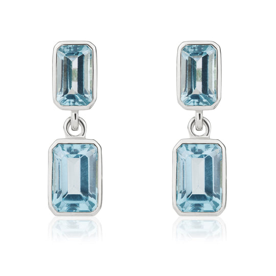 9ct White Gold Octagonal Swiss Blue Topaz Double Stone Rubover Drop Earrings
