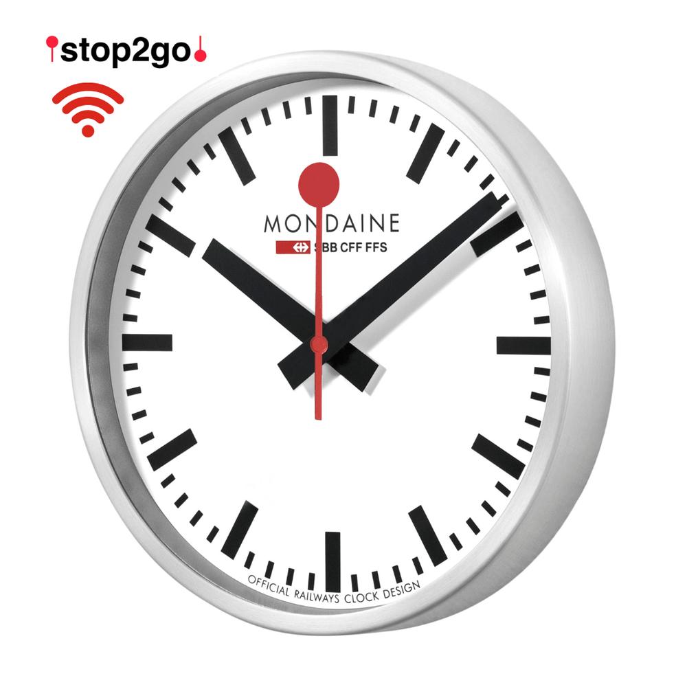 Mondaine stop2go Wi-Fi 25cm White Dial Brushed Aluminium Case Wall Clock