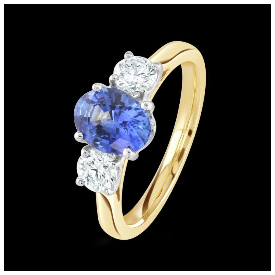 18ct Yellow Gold clw set ovl sapp + rbc dia 3-st ring