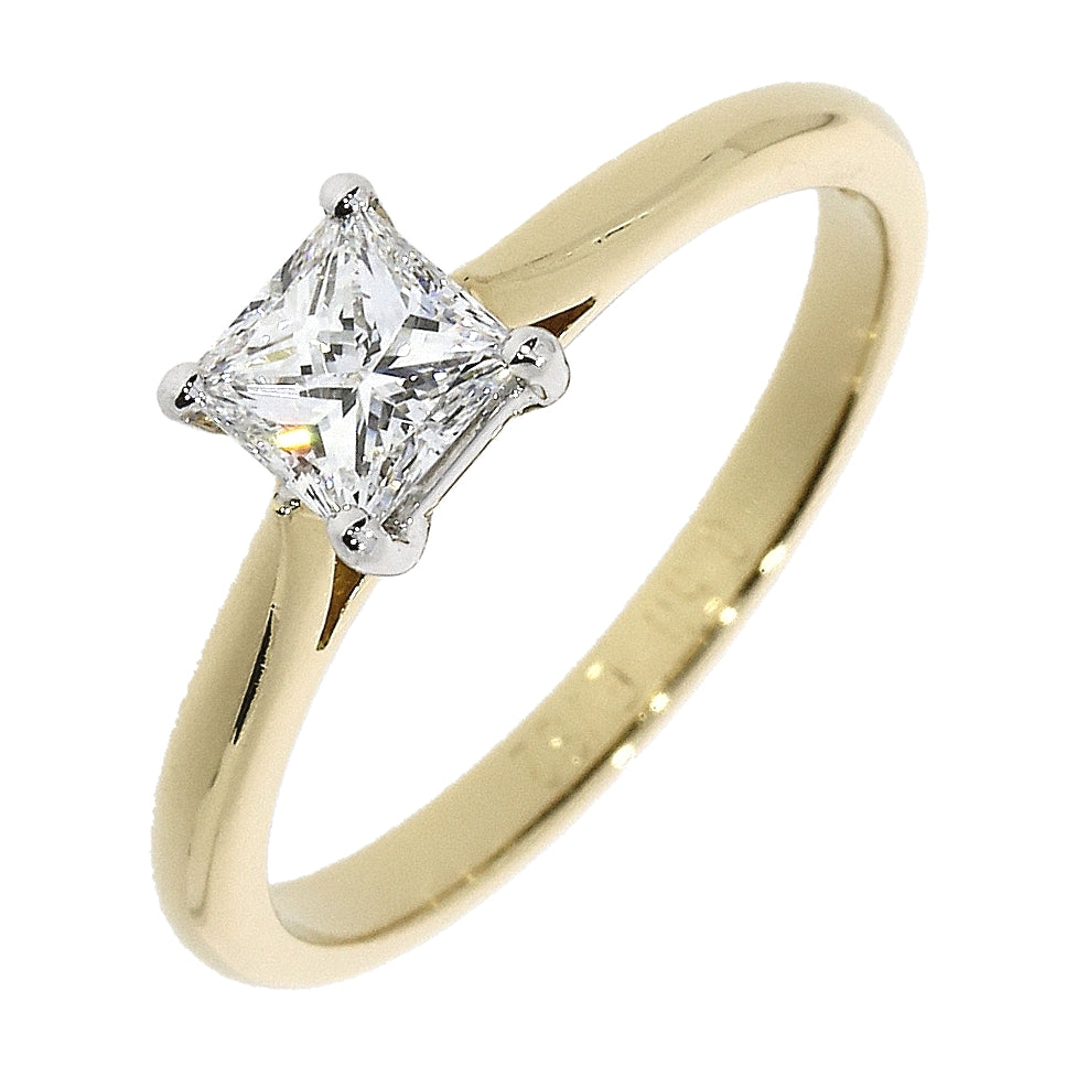 18ct Yellow gold and platinum solitaire princess cut 4-claw diamond ring
