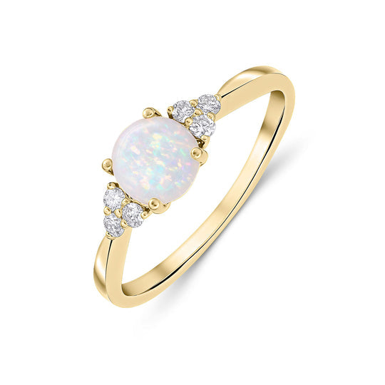 18ct Yellow Gold 6mm Round Opal & Diamond Trefoil Ring