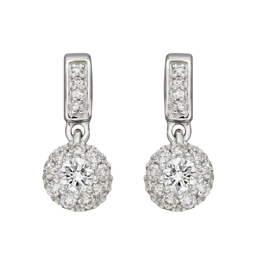 9ct White Gold Round Brilliant Cut Diamond Halo Cluster Drop Earrings