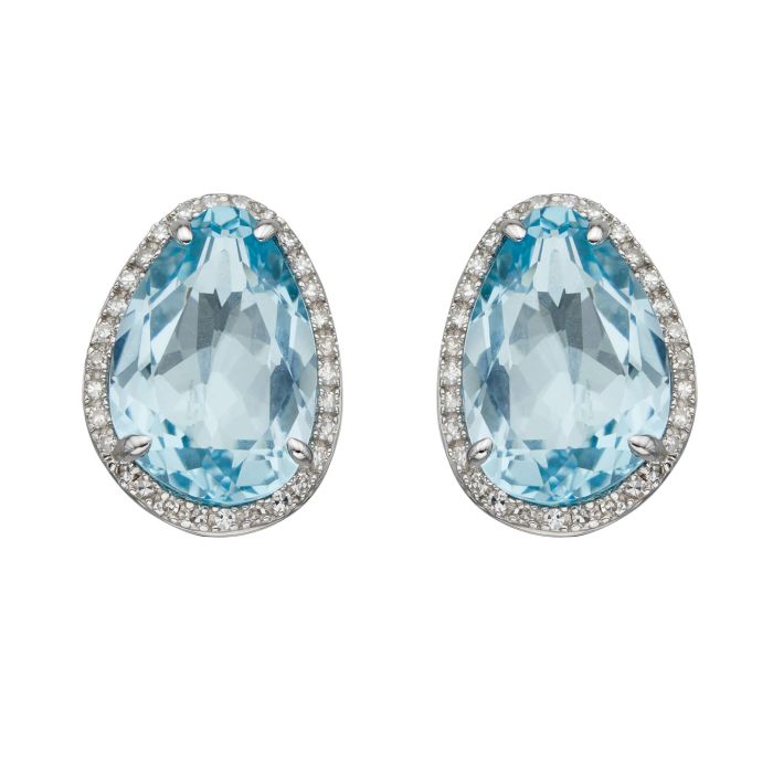 9ct white gold irregular cut Blue Topaz and Diamond Drop Earrings