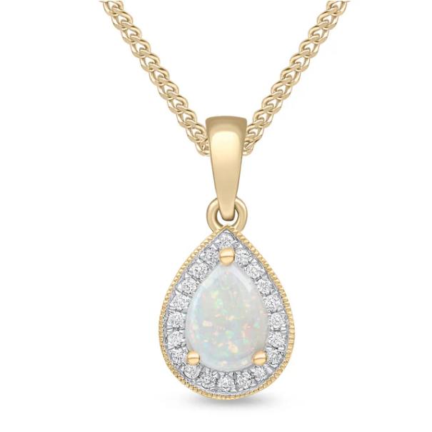18ct Gold Yellow Gold 7x5 Pear Shaped Opal and Diamond Cluster Pendant with a Millgrain Edge