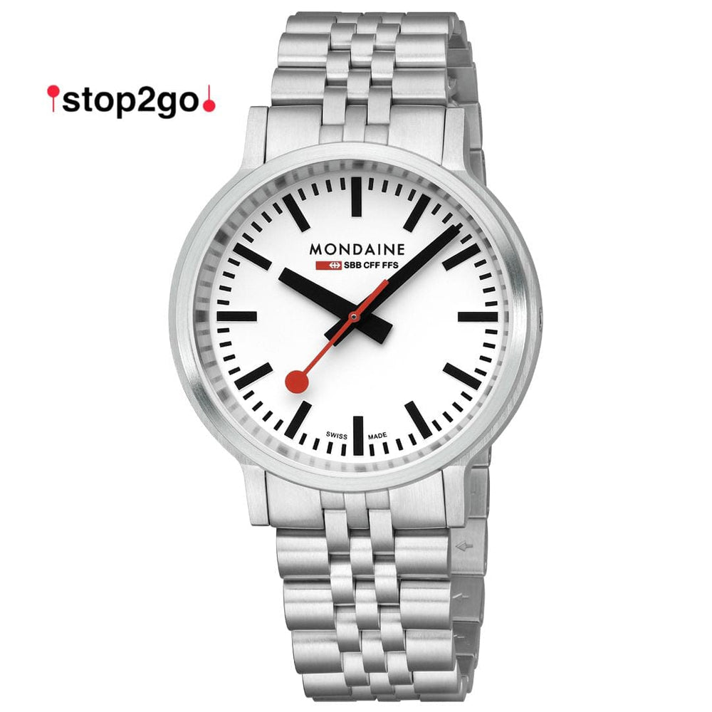 Mondaine Stop2Go Version 2 stainless steel case white Swiss Railways dial backlight bracelet quartz