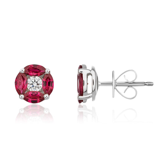 18ct White Gold Marquise Ruby & Diamond Round Cluster Earrings