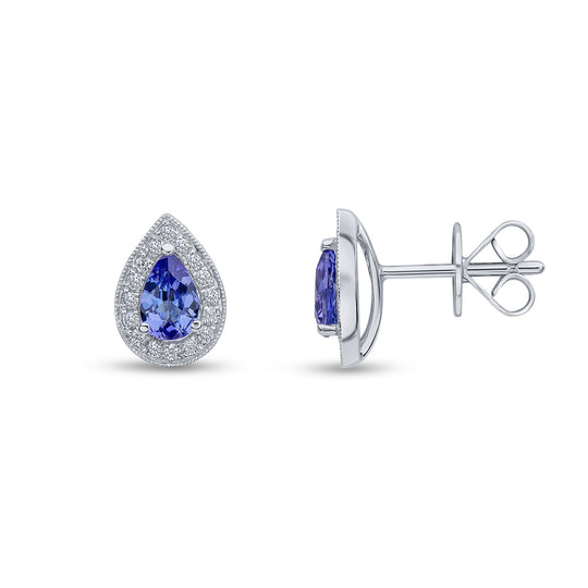 18ct White Gold Pear Shaped Tanzanite & Round Diamond Millegrain Cluster Stud Earrings