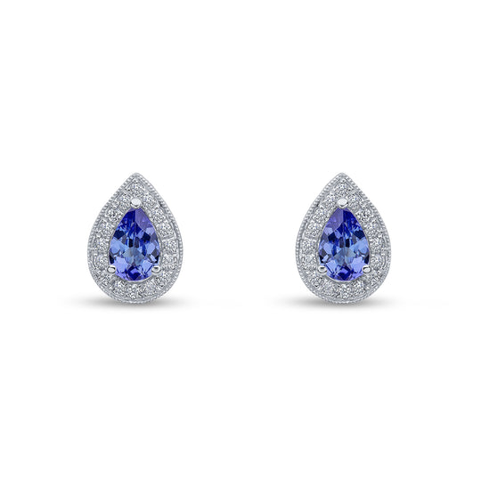 18ct White Gold Pear Shaped Tanzanite & Round Diamond Millegrain Cluster Stud Earrings