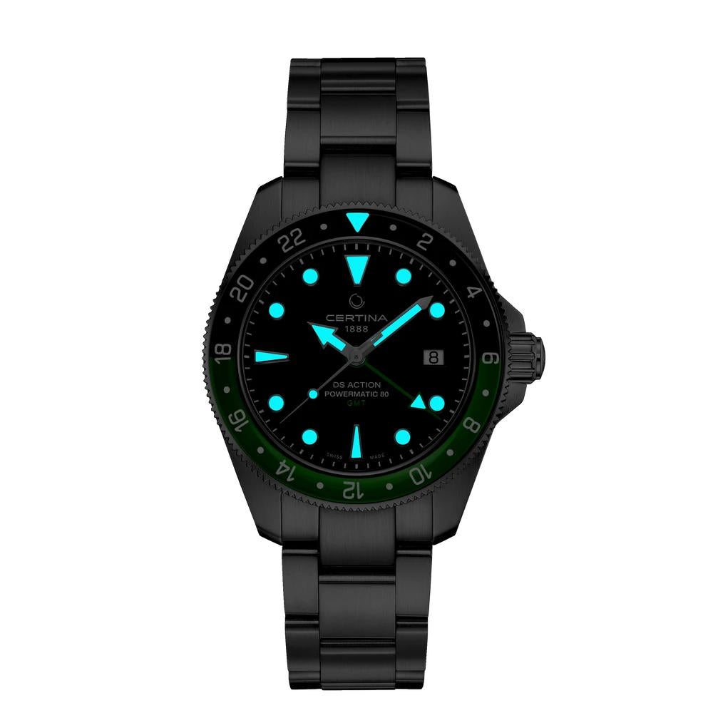 DS Action GMT ss blk dial dte blk+grn bzl blt pow-80 auto wtch