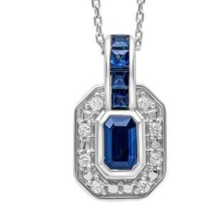 9ct White Gold Octagon Sapphire & Diamond Cluster Pendant