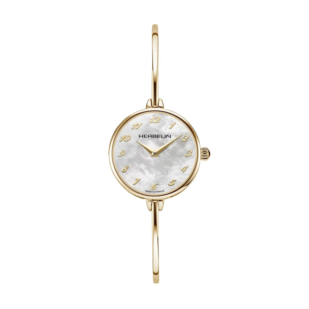 Fil yellow gold PVD-plated case mother-of-pearl arabic numeral dial bangle quartz watch