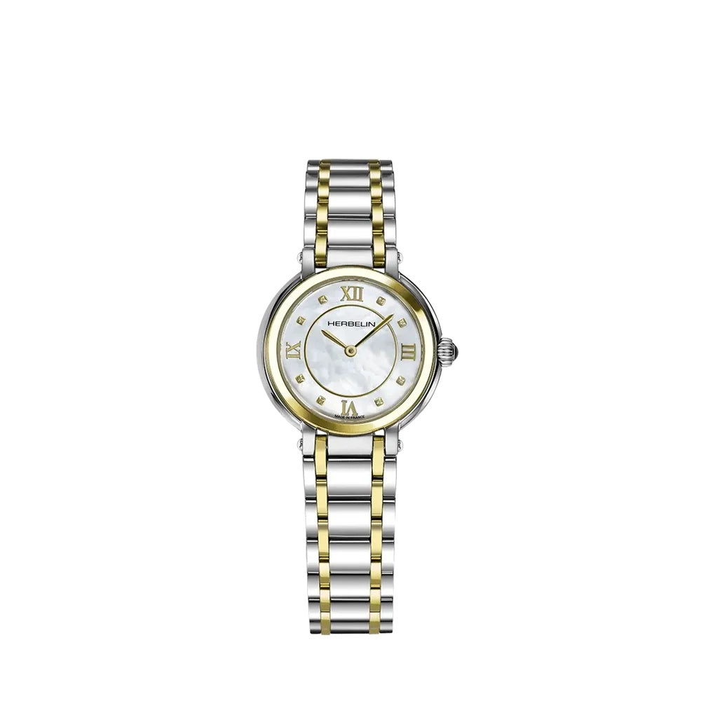 Galet stainless steel and yellow gold PVD-plated case mother-of-pearl cubic zirconia & roman numeral