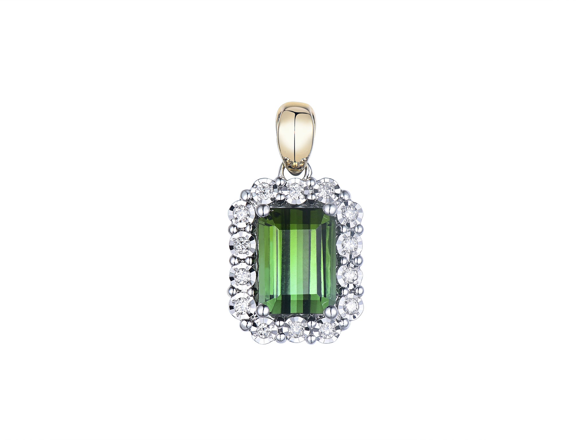 9ct yellow and white gold Green Tourmaline and illusion set Diamond pendant