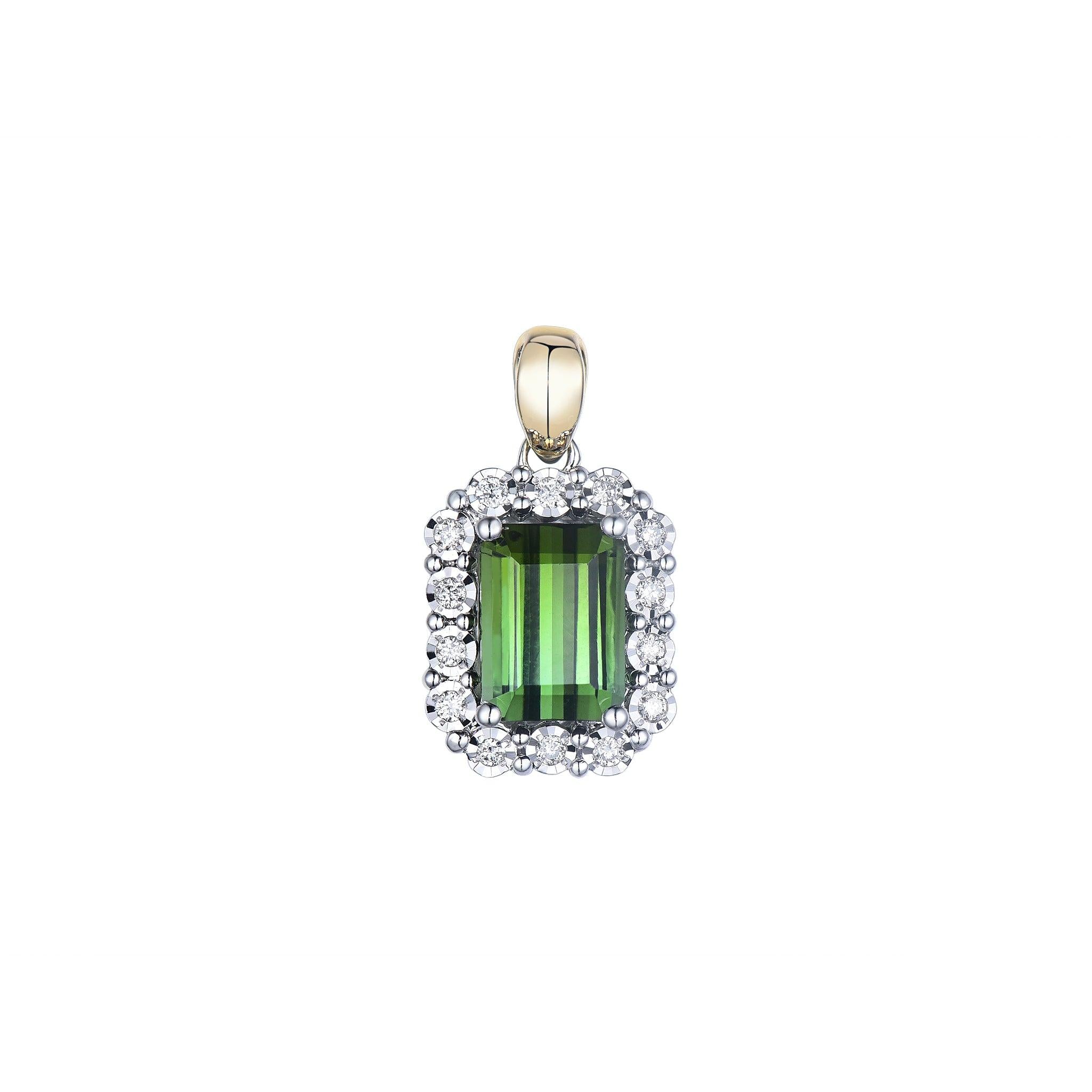 9ct yellow and white gold Green Tourmaline and illusion set Diamond pendant