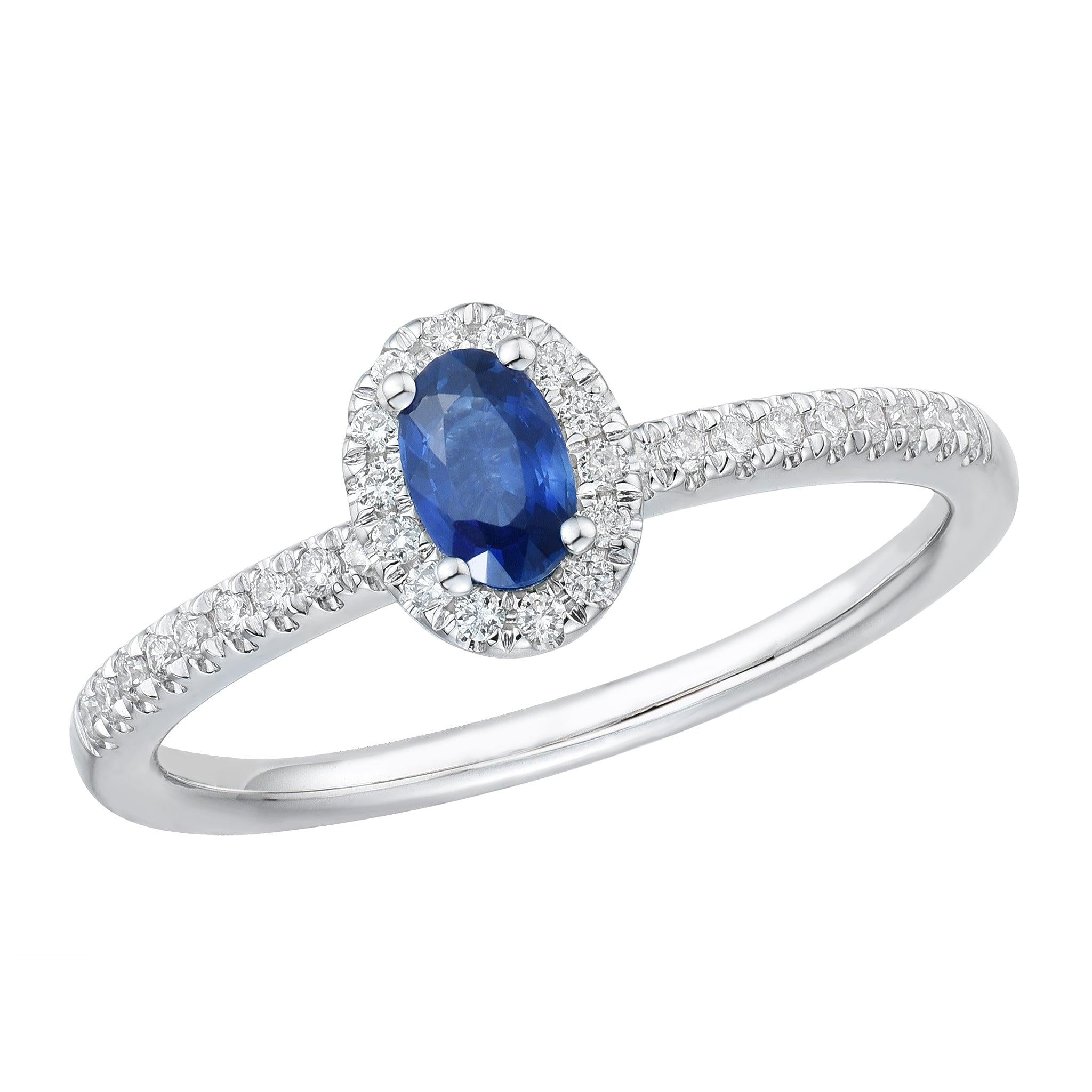9ct White Gold Oval Sapphire and Diamond Cluster Ring with Diamond Set Shoulders