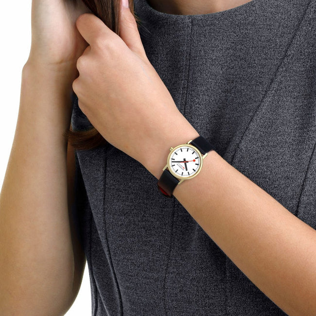 Mondaine Classic Gold Plated White Dial Black Vegan Strap Watch