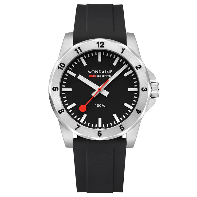 Mondaine Numeri 42mm Stainless Steel Black Dial and Silicon Strap Watch