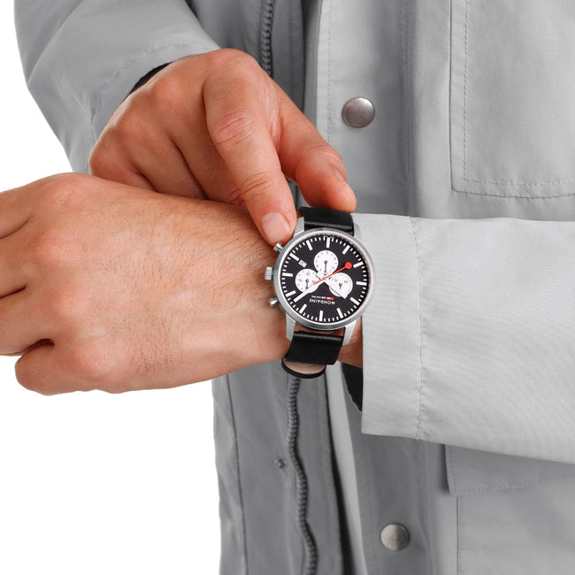 Mondaine Neo 41mm Black Dial with White Subdials fitted with a Black Vegan Strap