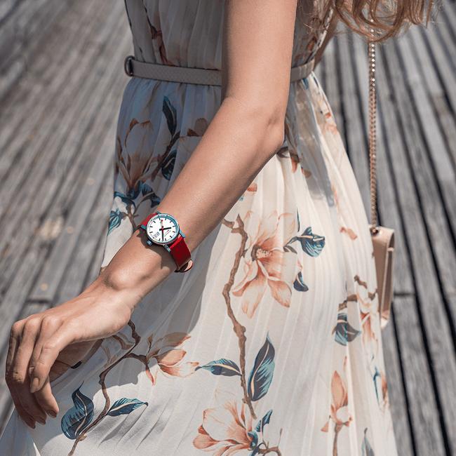 Mondaine Evo2 30mm White Dial with Red Vegan Strap