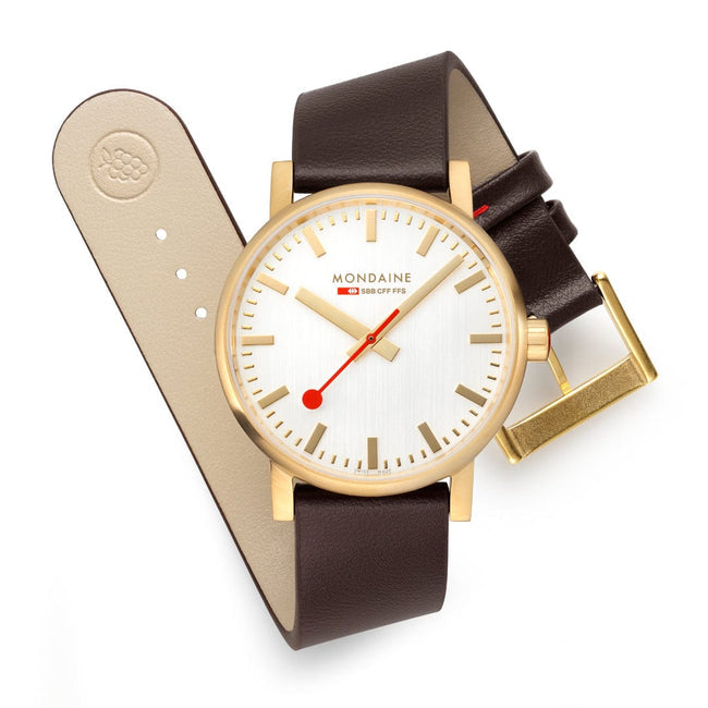 Mondaine Evo2 40mm Gold Plated White Dial Watch with Brown Vegan Strap