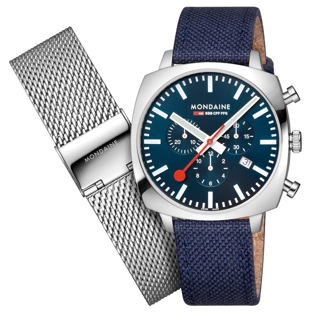 Mondaine Grand Cushion 41mm Blue Dial and Strap also supplied with Mesh Bracelet
