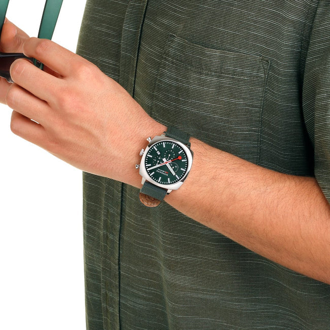 Mondaine Grand Cushion 41mm Green Dial and Vegan Strap Watch supplied with Mesh Bracelet