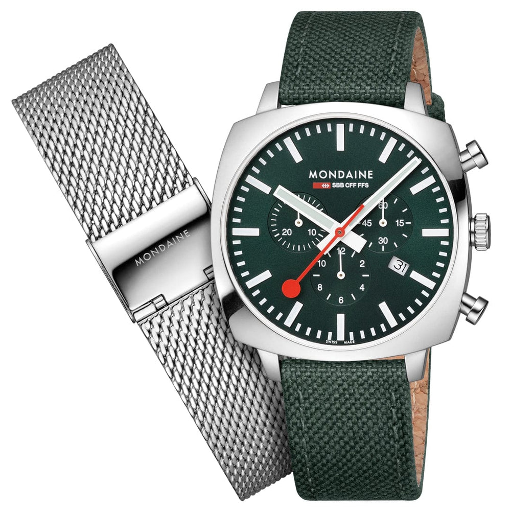 Mondaine Grand Cushion 41mm Green Dial and Vegan Strap Watch supplied with Mesh Bracelet