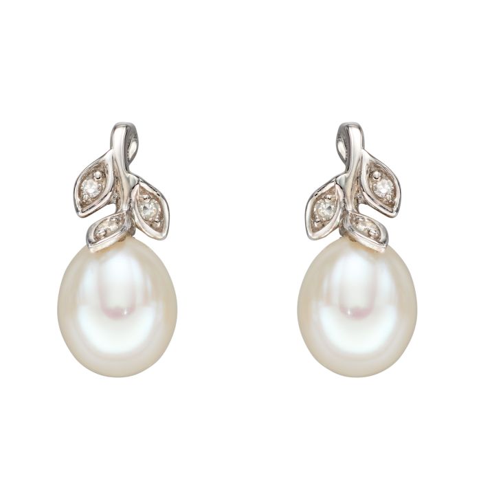 9ct White gold freshwater natural pearl and diamond vine drop earrings