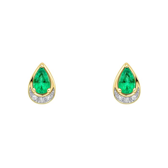 9ct Yellow gold Emerald pear shaped and diamond stud earrings