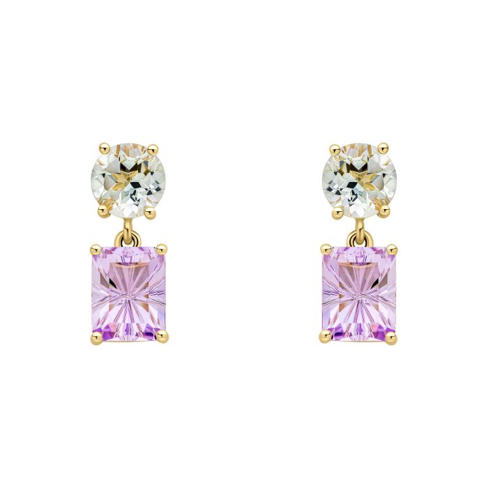 9ct Yellow gold Toi et Moi Amethyst and Green Quartz drop earrings